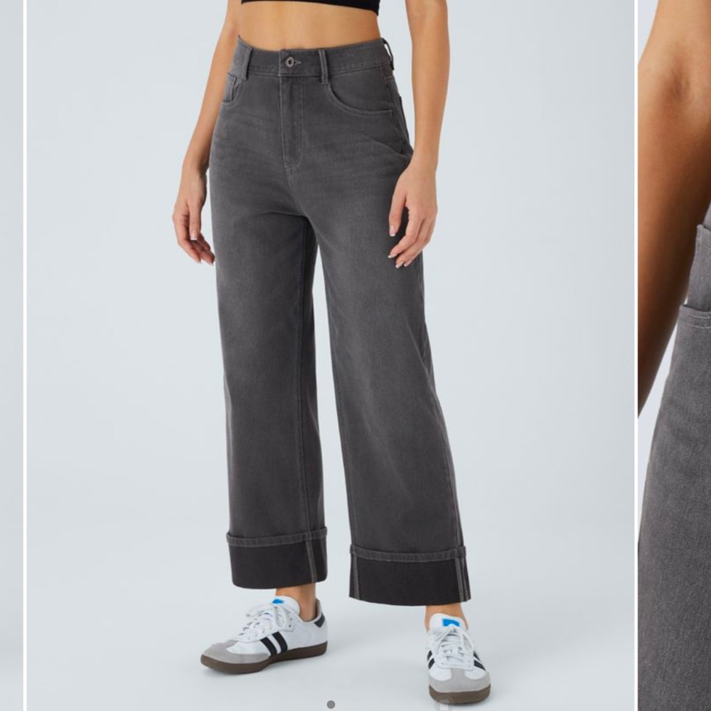 Halara High Waisted Stretch Rolled Hem Wide Leg Washed Casual Denim Look Gray